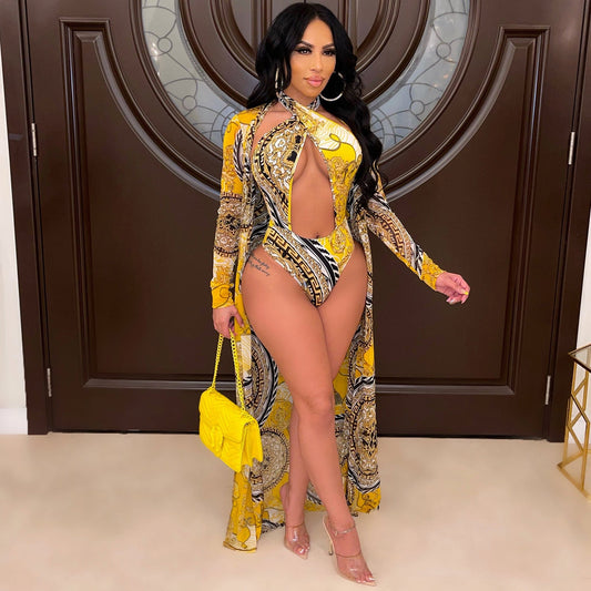 👙 Maillot de Bain 2 Pièces avec Châle – Élégance Imprimée & Protection Légère