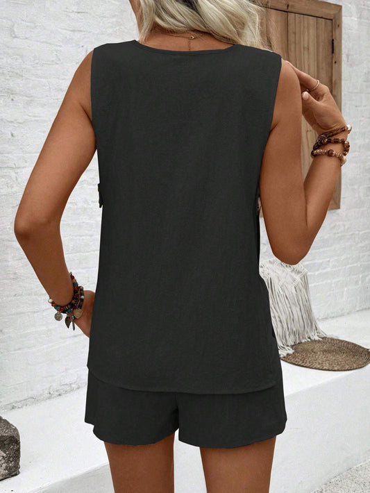 Ensemble Élégant d’Été – Gilet Sans Manches & Short Imprimé 100% Coton