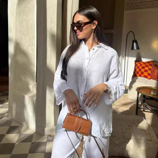 ✨ Ensemble Décontracté Femme en Coton & Lin – Style Coréen à Manches 3/4