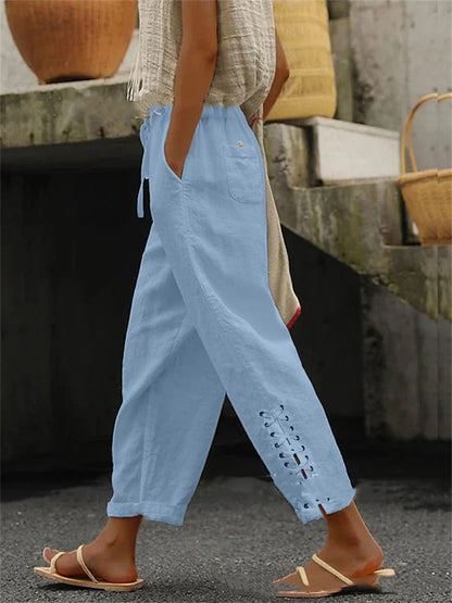 Pantalon Droit Femme en Lin Coton – Taille Élastique & Poches Pratiques