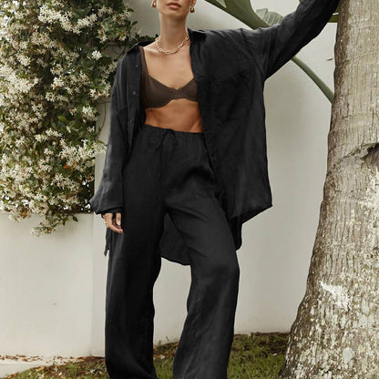 Ensemble Décontracté Femme – Blouse Longue & Pantalon Fluide Abricot