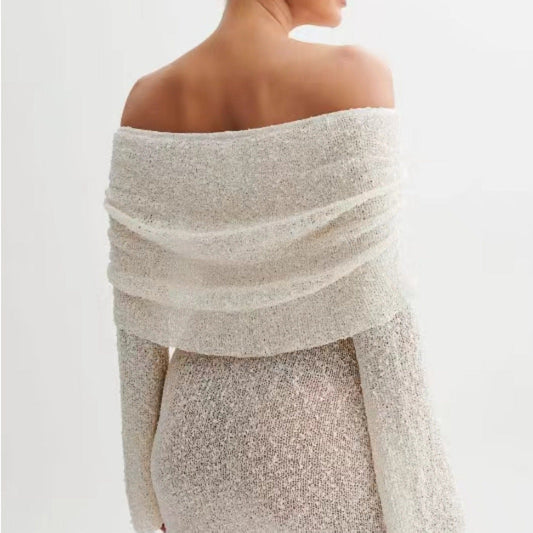 Mini-Robe Tricotée Chic – Col Bateau, Épaules Dénudées, Manches Longues, Style Club Élégant