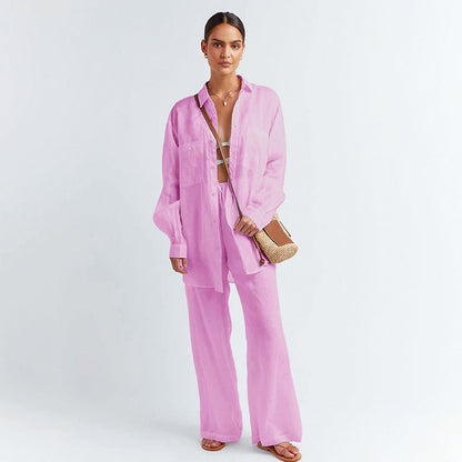 Ensemble Décontracté Femme – Blouse Longue & Pantalon Fluide Abricot