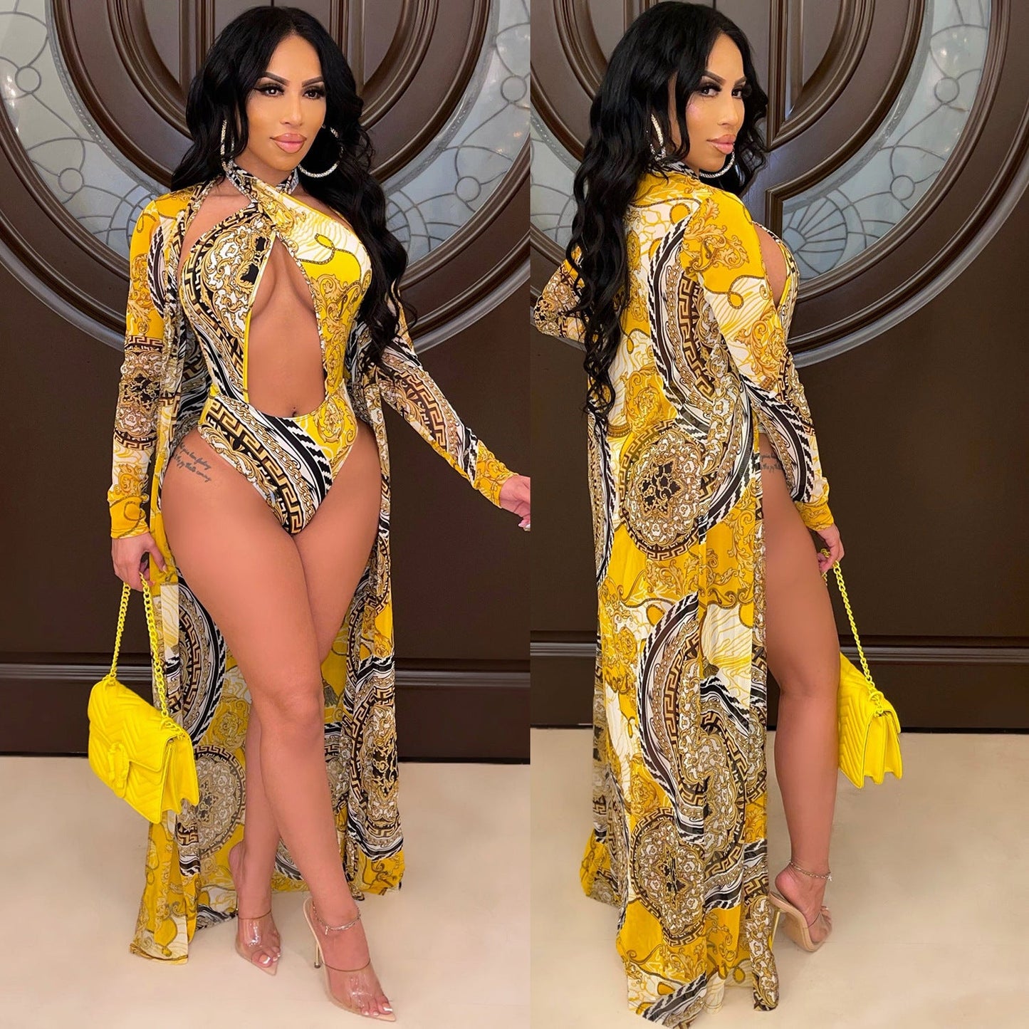 👙 Maillot de Bain 2 Pièces avec Châle – Élégance Imprimée & Protection Légère