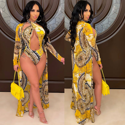 👙 Maillot de Bain 2 Pièces avec Châle – Élégance Imprimée & Protection Légère