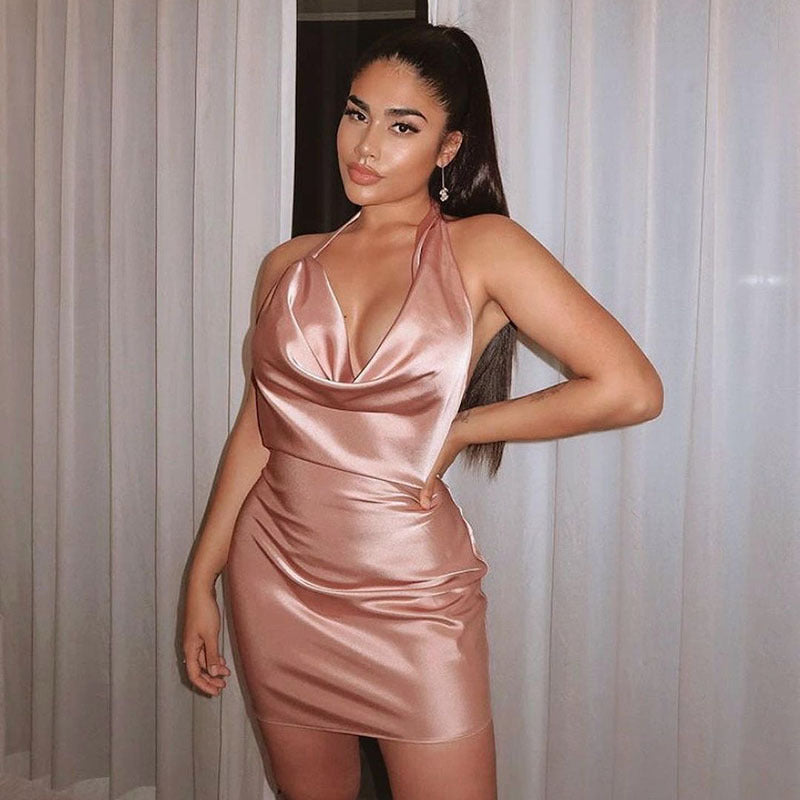 Robe de Soirée en Satin – Col V, Dos Nu, Longueur Ajustable