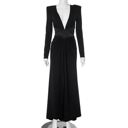 Robe Longue Noire à Décolleté en V Profond, Manches Longues et Fente Haute