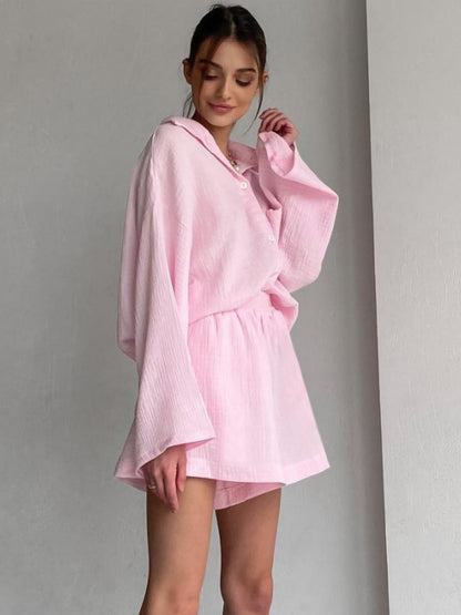 Ensemble Décontracté Coton Femme – Chemise à Manches Longues & Pantalon Large