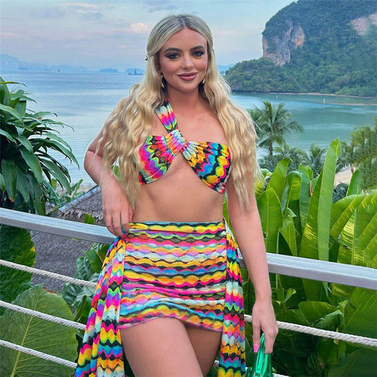 Ensemble Tendance à Rayures Digitales – Crop Top Sans Manches & Jupe Courte Cintrée