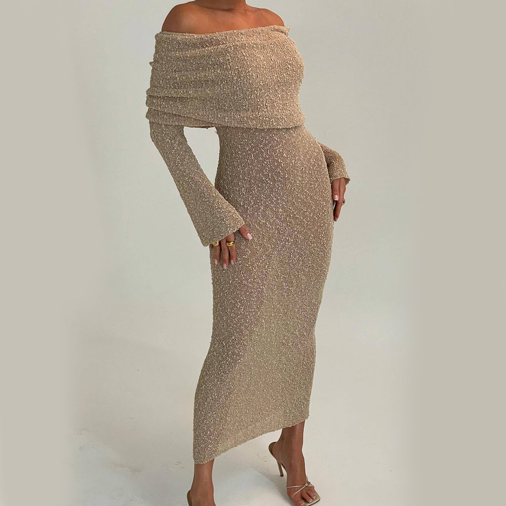 Robe Longue Sexy à Épaule Dénudée – Maille, Manches Longues, Style Vacances à la Plage
