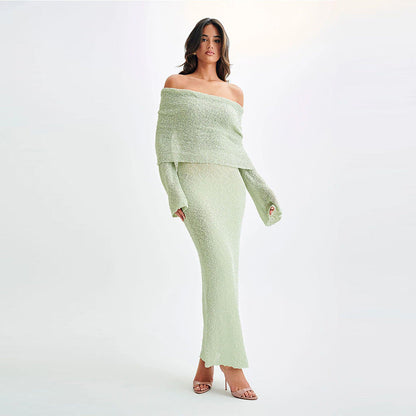 Robe Longue Sexy à Épaule Dénudée – Maille, Manches Longues, Style Vacances à la Plage