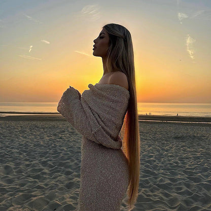 Robe Longue Sexy à Épaule Dénudée – Maille, Manches Longues, Style Vacances à la Plage