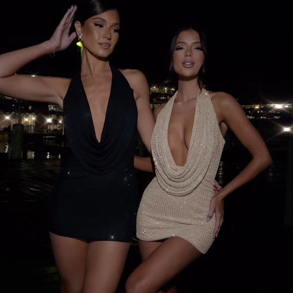 Robe Sexy Halter Moulante à Dos Nu et Décolleté Plongeant