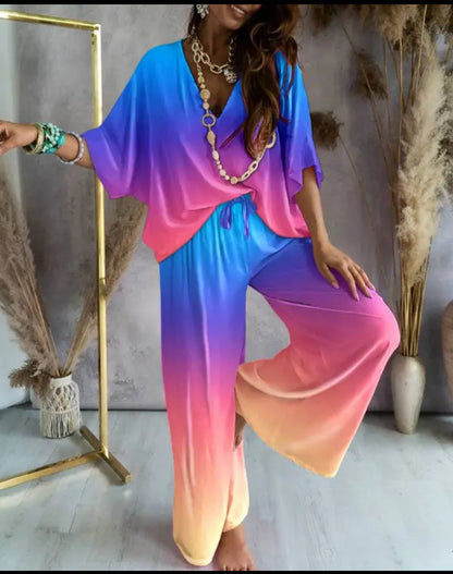 🌈 Ensemble Décontracté Haut Chauve-souris & Pantalon – Style Libre & Confort Élégant