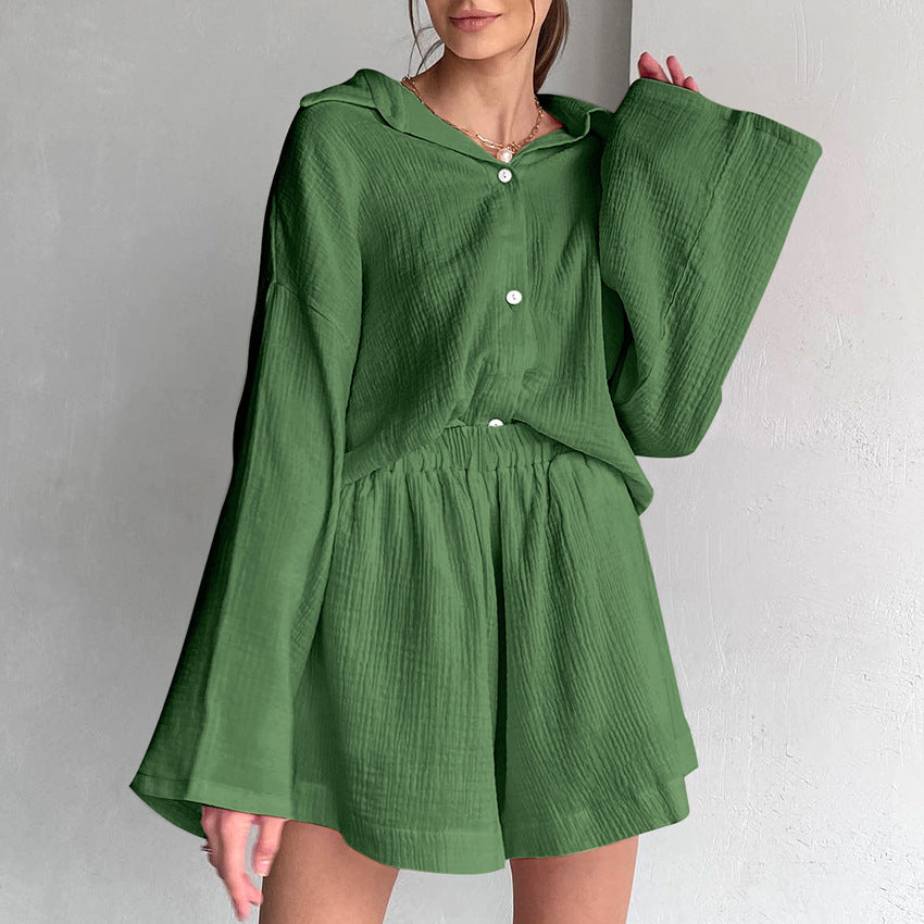 Ensemble Décontracté Coton Femme – Chemise à Manches Longues & Pantalon Large