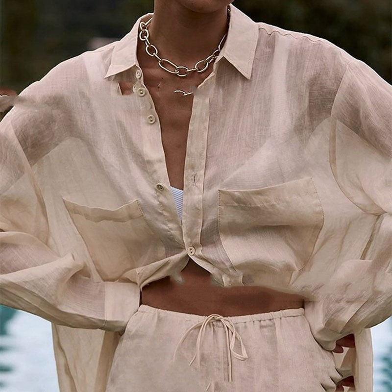 Ensemble Décontracté Femme – Blouse Longue & Pantalon Fluide Abricot