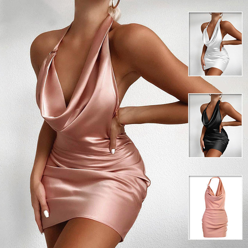 Robe de Soirée en Satin – Col V, Dos Nu, Longueur Ajustable