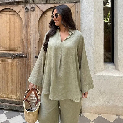 Ensemble V-Col Décontracté en Coton & Lin – Chemise Légère et Pantalon Long