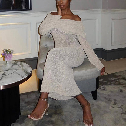 Robe Longue Sexy à Épaule Dénudée – Maille, Manches Longues, Style Vacances à la Plage