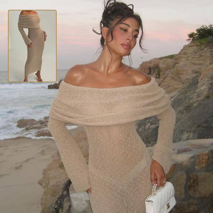 Robe Longue Sexy à Épaule Dénudée – Maille, Manches Longues, Style Vacances à la Plage