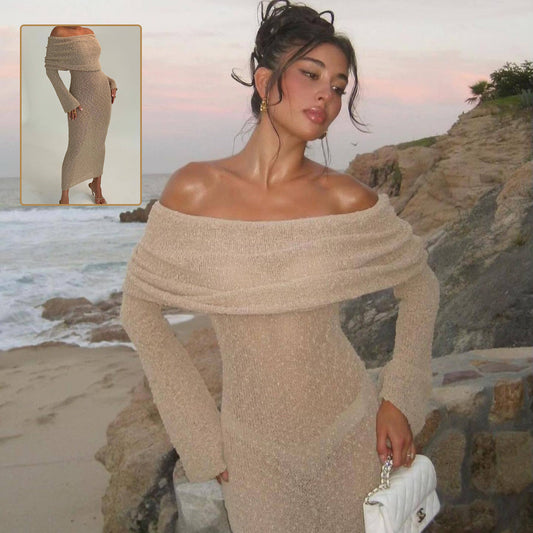 Robe Longue Sexy à Épaule Dénudée – Maille, Manches Longues, Style Vacances à la Plage