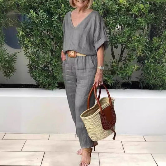 Ensemble Décontracté Femme Multicolore – Haut Col V & Pantalon Large Coton Lin