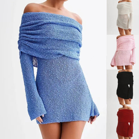 Mini-Robe Tricotée Chic – Col Bateau, Épaules Dénudées, Manches Longues, Style Club Élégant
