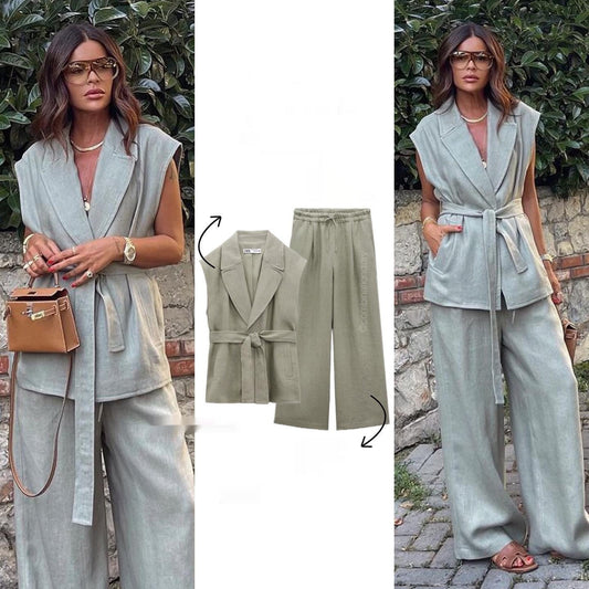 Ensemble Gilet Lin Ceinturé – Style Urbain Élégant