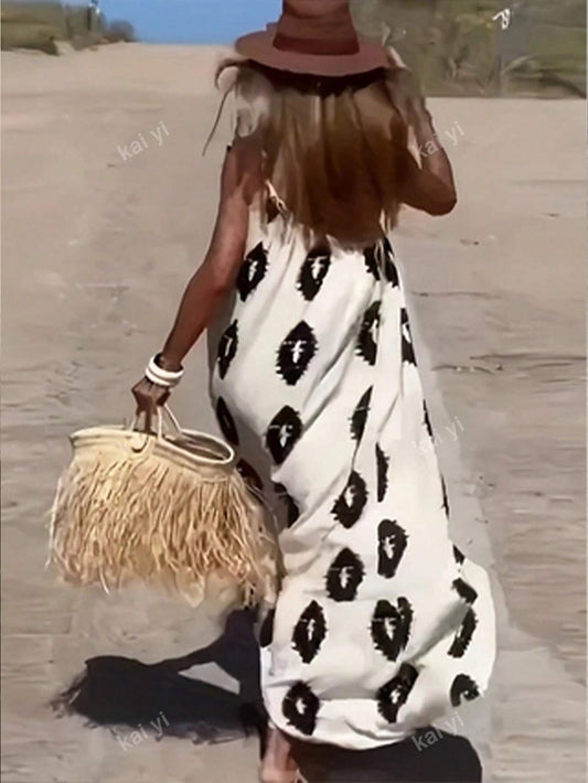 Robe Bohème Sexy Sans Manches à Imprimé Intégral et Liens au Col