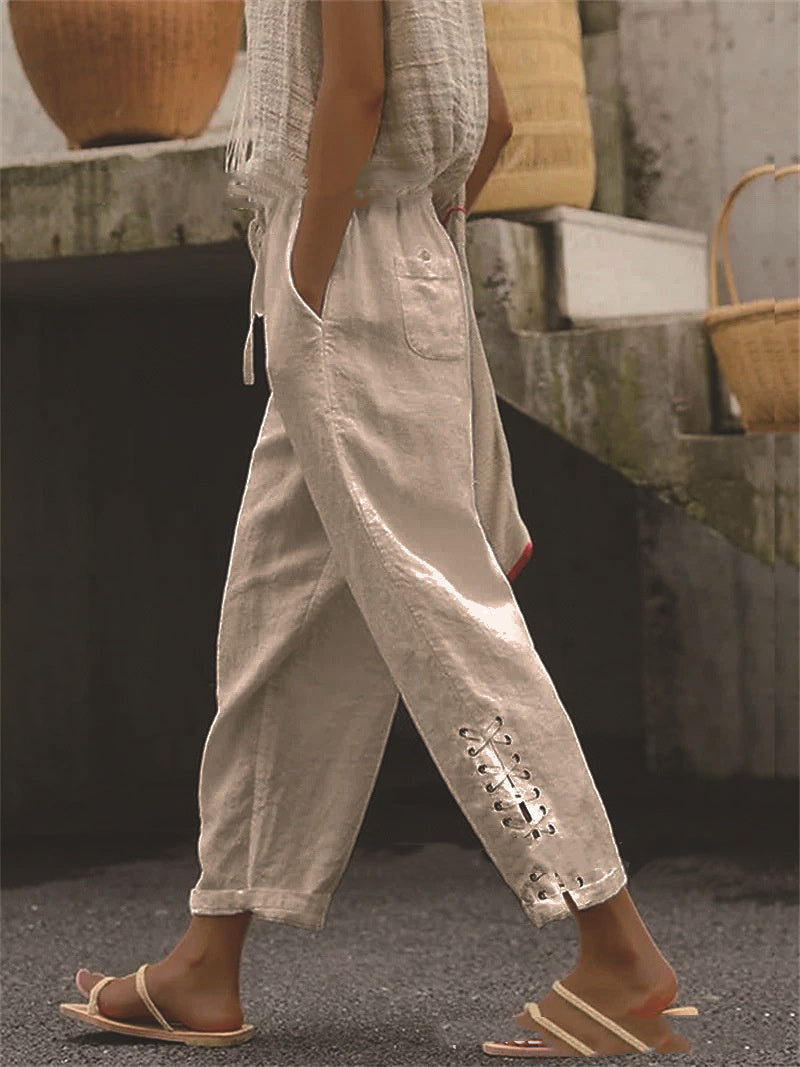 Pantalon Droit Femme en Lin Coton – Taille Élastique & Poches Pratiques