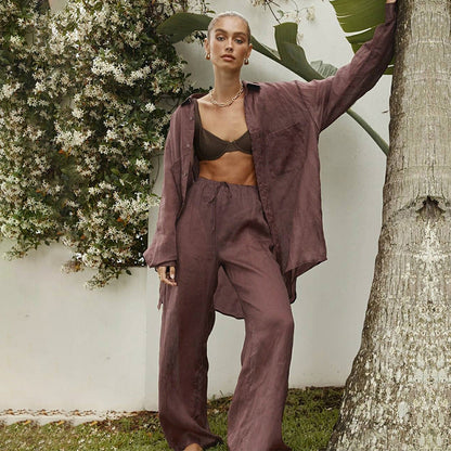 Ensemble Décontracté Femme – Blouse Longue & Pantalon Fluide Abricot