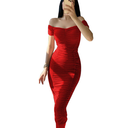 Robe Plissée d'Été Femme – Épaules Dénudées, Taille Haute