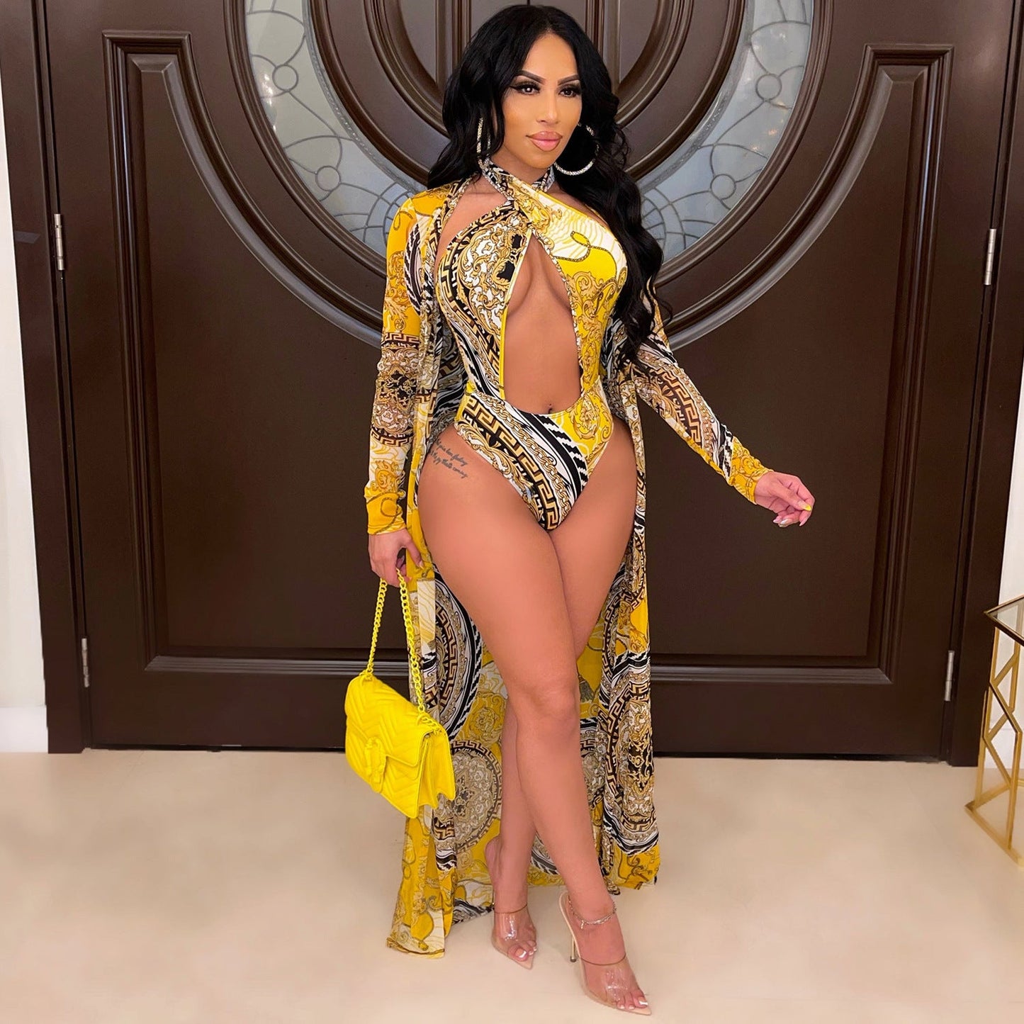 👙 Maillot de Bain 2 Pièces avec Châle – Élégance Imprimée & Protection Légère