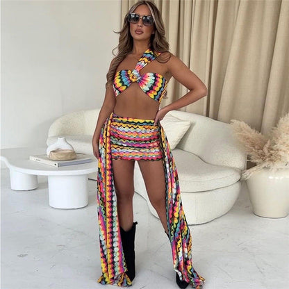 Ensemble Tendance à Rayures Digitales – Crop Top Sans Manches & Jupe Courte Cintrée