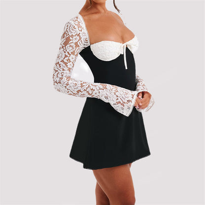 Robe Sexy Style Y2K à Manches Longues en Dentelle – Corset, Dos Nu, Cordon