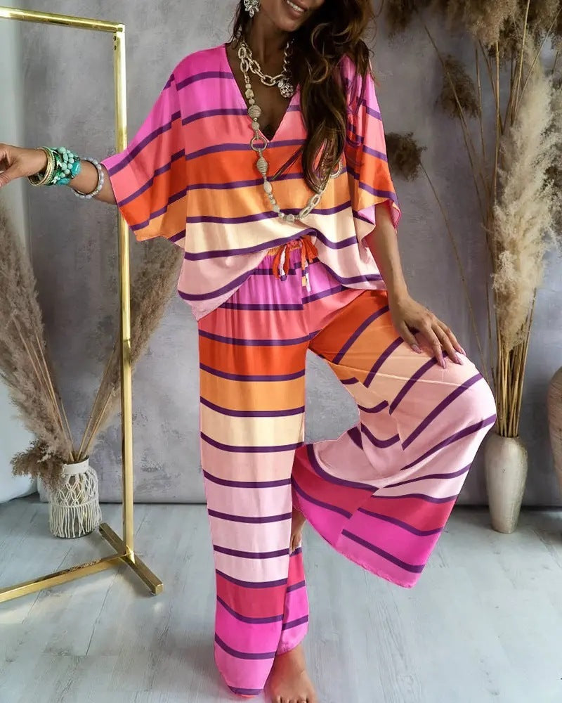 🌈 Ensemble Décontracté Haut Chauve-souris & Pantalon – Style Libre & Confort Élégant