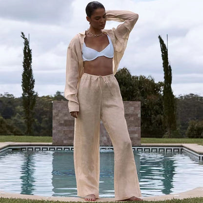 Ensemble Décontracté Femme – Blouse Longue & Pantalon Fluide Abricot