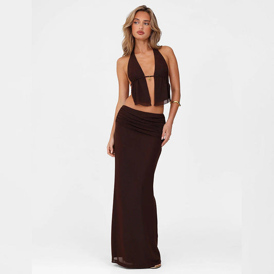 Ensemble Sexy Bohème Marron – Top Halter Noué avec Découpe + Jupe Longue Taille Haute