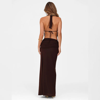 Ensemble Sexy Bohème Marron – Top Halter Noué avec Découpe + Jupe Longue Taille Haute