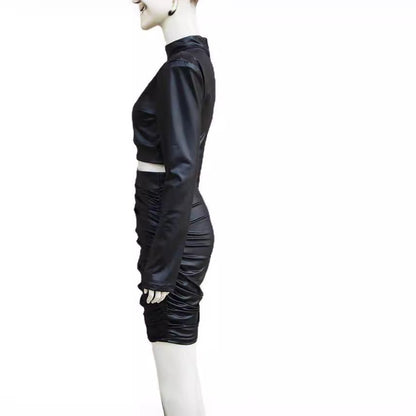 🖤 Ensemble Noir Plissé à Col Montant – Élégance Intellectuelle & Style Structuré