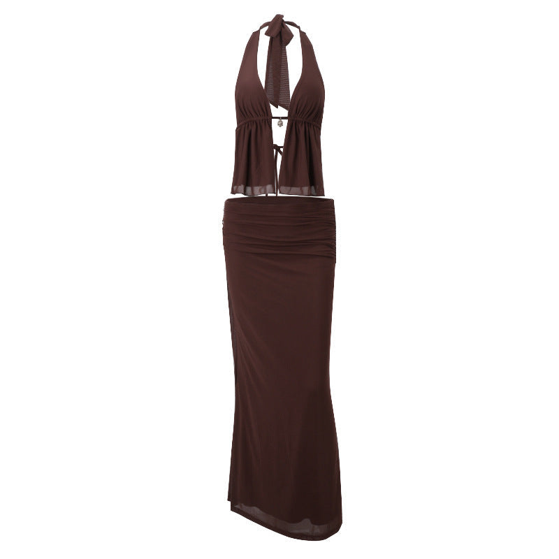 Ensemble Sexy Bohème Marron – Top Halter Noué avec Découpe + Jupe Longue Taille Haute