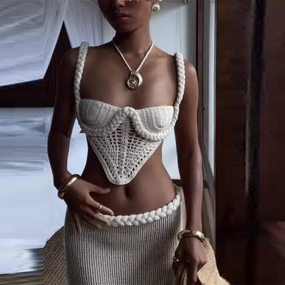 Set Sexy Femme Été – Haut Bandeau Crochet et Jupe Longue Fendue Taille Basse