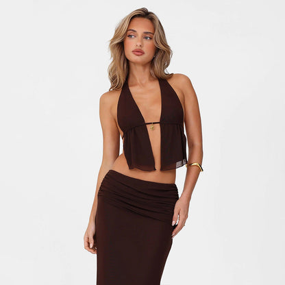 Ensemble Sexy Bohème Marron – Top Halter Noué avec Découpe + Jupe Longue Taille Haute