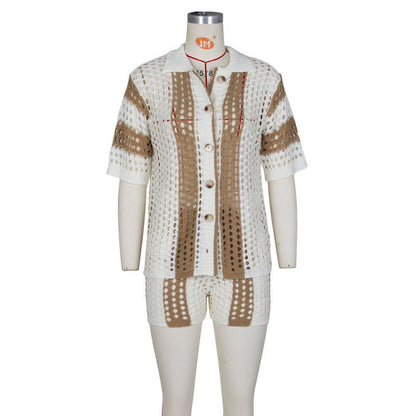 Ensemble Femme en Maille à Carreaux Transparent avec Revers – Haut et Shor