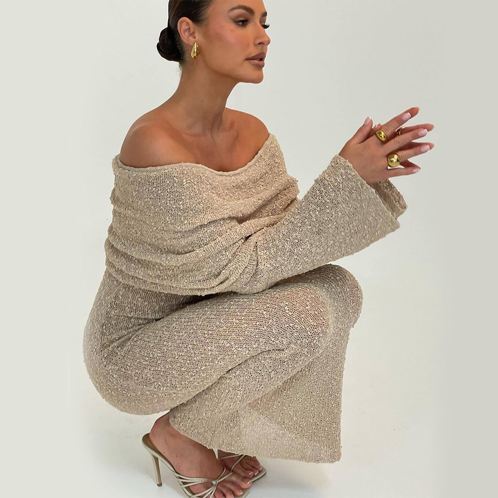 Robe Longue Sexy à Épaule Dénudée – Maille, Manches Longues, Style Vacances à la Plage