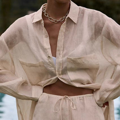 Ensemble Décontracté Femme – Blouse Longue & Pantalon Fluide Abricot