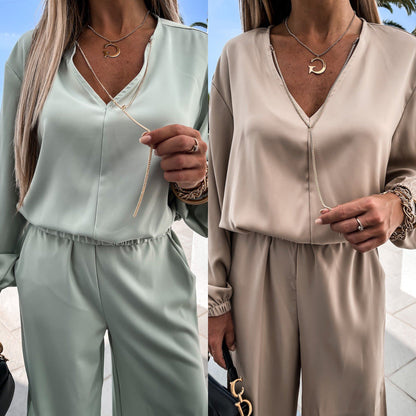 Ensemble de Sport Décontracté Femme – Sweat Col V & Pantalon Long Ajusté