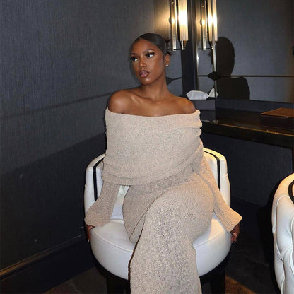 Robe Longue Sexy à Épaule Dénudée – Maille, Manches Longues, Style Vacances à la Plage