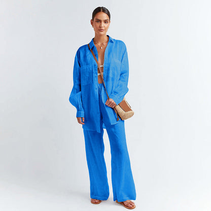 Ensemble Décontracté Femme – Blouse Longue & Pantalon Fluide Abricot