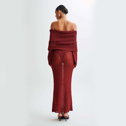 Robe Longue Sexy à Épaule Dénudée – Maille, Manches Longues, Style Vacances à la Plage